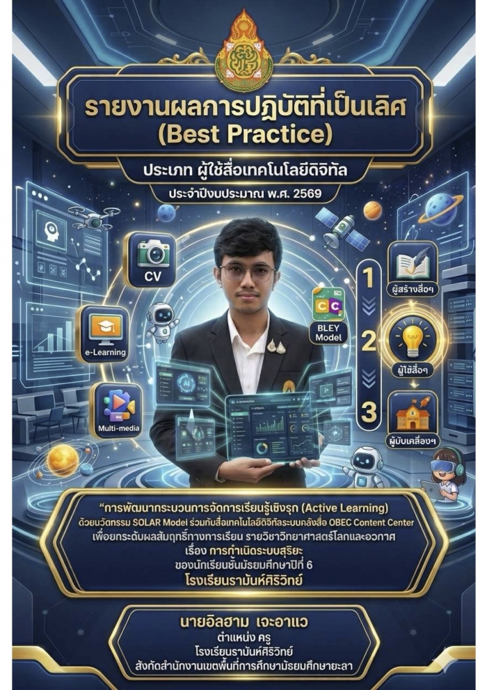การพัฒนากระบวนการจัดการเรียนรู้เชิงรุก (Active Learning) ด้วยนวัตกรรม SOLAR Model ร่วมกับสื่อเทคโนโลยีดิจิทัลระบบคลังสื่อ OBEC Content Center : อิลฮาม เจะอาแว