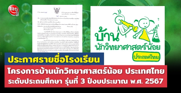 ประกาศรายชื่อโรงเรียนโครงการบ้านนักวิทยาศาสตร์น้อย ประเทศไทย ระดับประถมศึกษา รุ่นที่ 3 ปีงบประมาณ พ.ศ. 2567