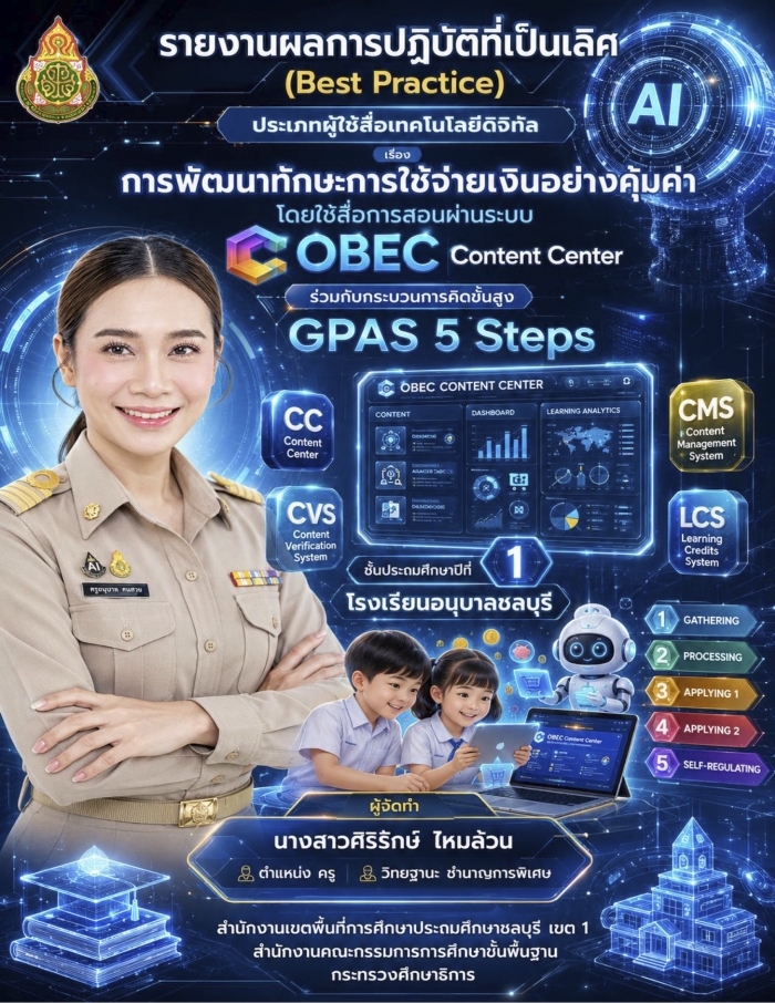 รายงานผลการที่มีวิธีปฏิบัติที่เป็นเลิศ (Best Practice) ประเภท ผู้ใช้สื่อเทคโนโลยีดิจิทัล เรื่องการพัฒนาทักษะการใช้จ่ายเงินอย่างคุ้มค่า โดยใช้สื่อการสอนผ่านระบบ Obec Content Center : ศิริรักษ์ ไหมล้วน