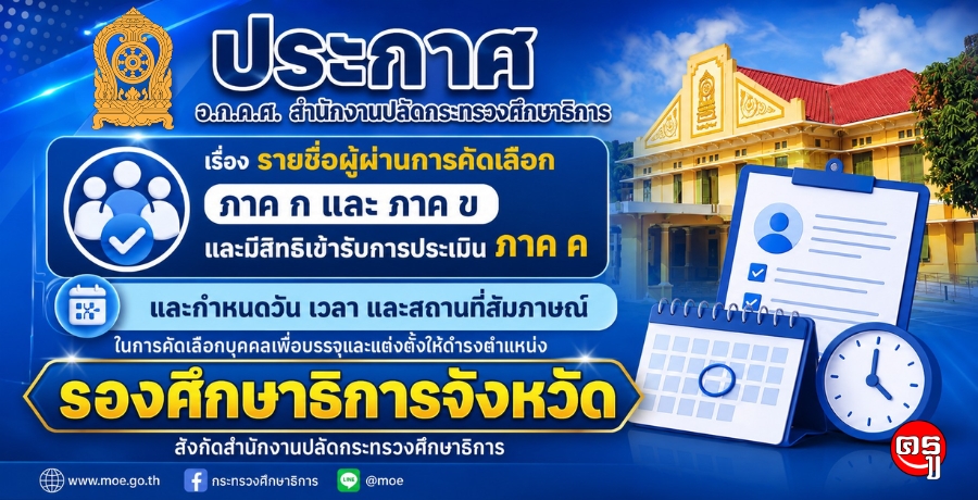 อ.ก.ค.ศ. สป.ศธ. ประกาศรายชื่อ 282 ราย ผ่าน ภาค ก และภาค ข มีสิทธิเข้าสัมภาษณ์คัดเลือก "รองศึกษาธิการจังหวัด" วันที่ 17 กรกฎาคม 2569 อ.ก.ค.ศ. สป.ศธ. ประกาศรายชื่อ 282 ราย ผ่าน ภาค ก และภาค ข มีสิทธิเข้าสัมภาษณ์คัดเลือก "รองศึกษาธิการจังหวัด" วันที่ 17 กรกฎาคม 2569