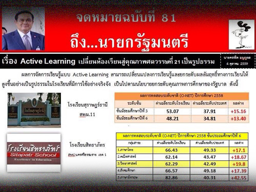 จดหมายฉบับที่ 81 ถึงนายกรัฐมนตรี เรื่อง Active Learning เปลี่ยนห้องเรียนสู่คุณภาพศตวรรษที่ 21 อย่างเป็นรูปธรรม