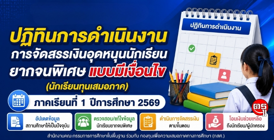 ปฏิทินการดำเนินงานการจัดสรรเงินอุดหนุนนักเรียนยากจนพิเศษแบบมีเงื่อนไข (นักเรียนทุนเสมอภาค) ภาคเรียนที่ 1 ปีการศึกษา 2569